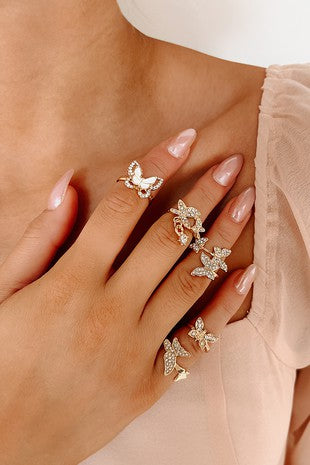 5 Piece Ring Set Gold Rhinestone Butterfly Detail