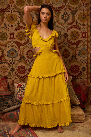 CUTOUT RUFFLED TIERED MAXI DRESS MUSTARD