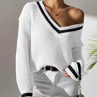 Contrast V-Neck Long Sleeve Sweater