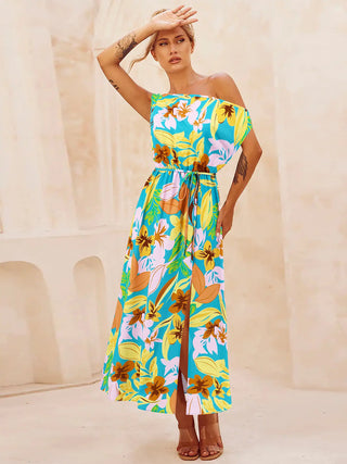 Contrasting Print Dress with Sloping Shoulders