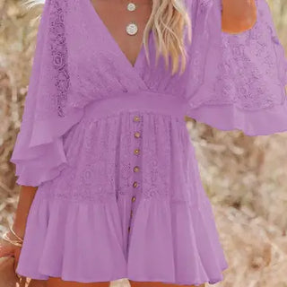 Crochet Lace Bat Wing Sleeve Plunge Tiered Mini Dress