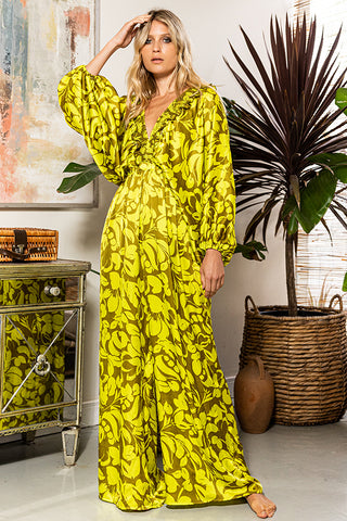 FLORAL SMOCKED RUFFLED V-NECK JUMPSUIT CHARTREUSE