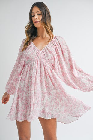 FLORAL WRINKLE FABRIC DOLMAN SLEEVE MINI DRESS