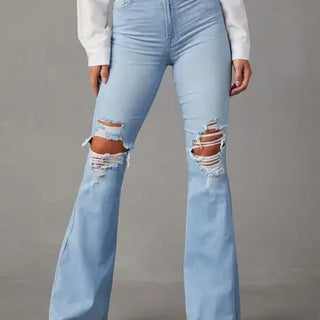 New Wash Ripped High-Waisted Style Wide-Leg Jeans