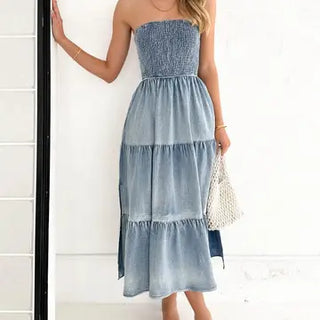 Stitched Side Slit Bandeau Cake Denim Maxi Dress