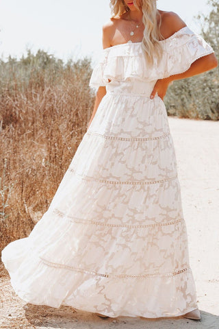 White Off-the-shoulder Ruffled Lace Maxi Dress